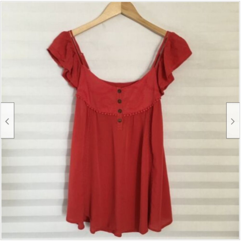 Miss Me Cotton Blend Blouse Top Off Shoulder Crinkle Embroidered Orange Red
